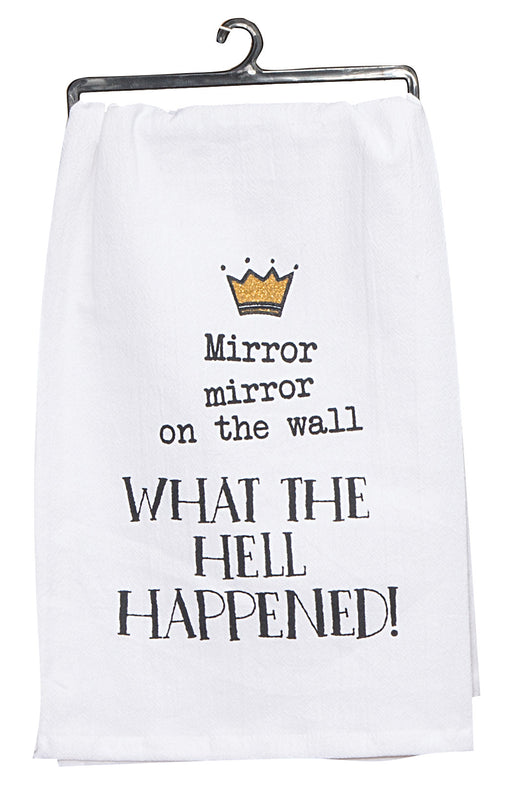 White towel with humorous text and crown graphic on a hanger
