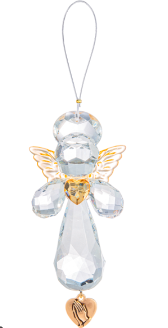 Crystal angel ornament with gold accents on a white background