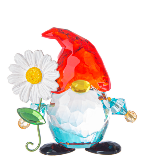 Colorful glass gnome figurine with a red hat and white flower on a white background