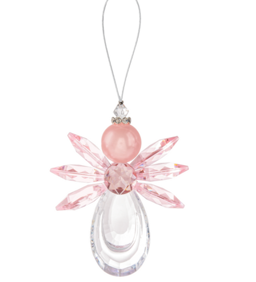Pink angel-shaped ornament with crystal details on a white background