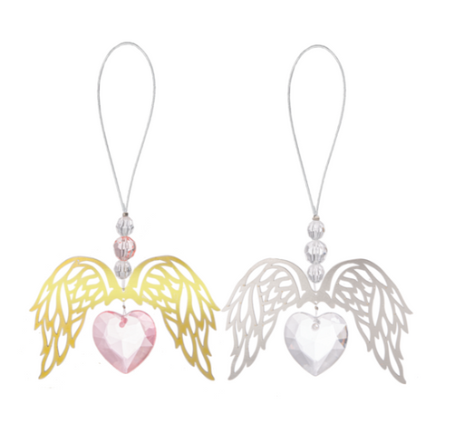 Two angel wing charms with heart shapes on a white background