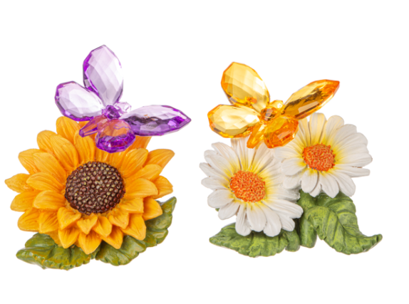 Two decorative flowers with butterflies on a white background