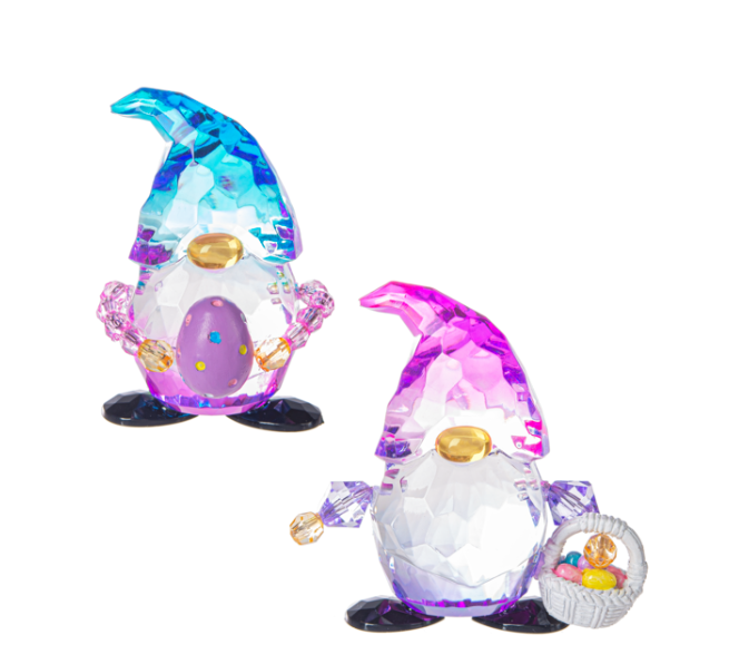 Two colorful glass gnomes with rainbow hats on a white background