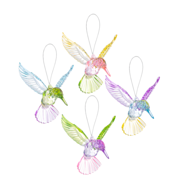 Set of colorful hummingbird-shaped ornaments on a white background