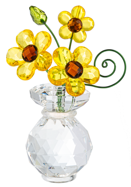Crystal vase with yellow flowers on a white background