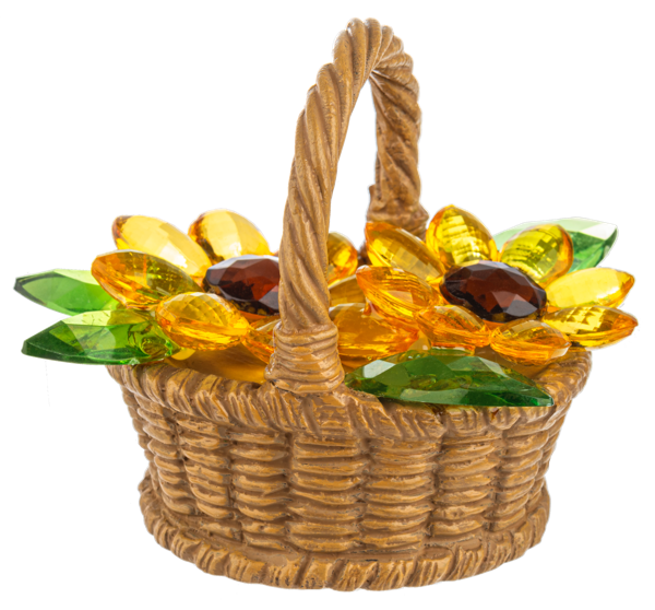 Decorative basket with glass stones shaped like flowers on a white background