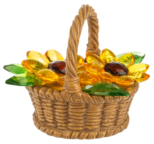 Decorative basket with glass stones shaped like flowers on a white background