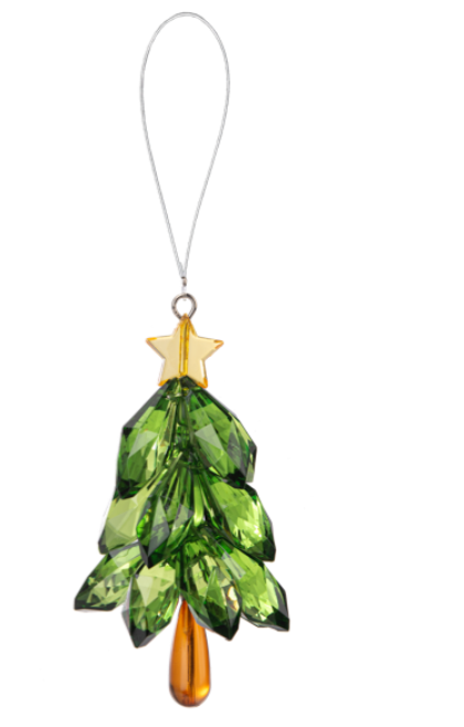 Decorative Christmas tree ornament with green crystals and a gold star on a white background