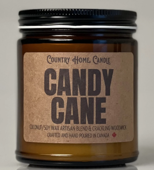 Candle jar labeled 'Candy Cane' with a brown label on a light gray background