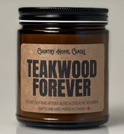 Candle jar labeled 'Teakwood Forever' by Country Home Candle on a neutral background
