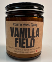 Candle jar labeled 'Vanilla Field' by Country Home Candle on a white background