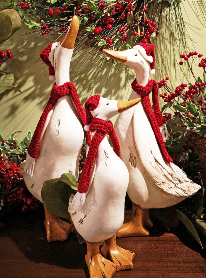 Three white decorative goose figurines wearing red knit Santa hats and red knit scarves, posed together on a dark wooden surface with holiday greenery and red berries in the background.