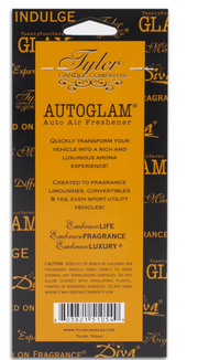 Tyler Candle Company Auto Glam air freshener packaging with yellow center and black text.