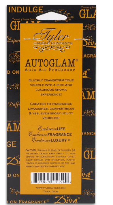 Tyler Candle Company Auto Glam air freshener packaging with yellow center and black text.