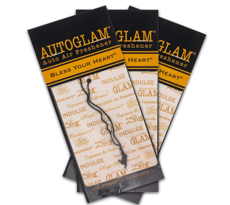Packaging of Tyler Auto Glam Car Air Freshener with luxurious gold and black design, featuring text and brand branding.