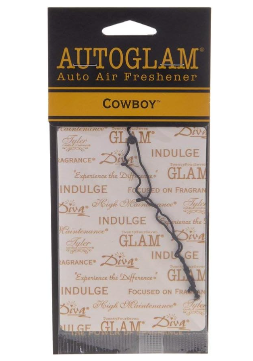 Packaging of Tyler Auto Glam Car Air Freshener with luxurious gold and black design, featuring text and brand branding.