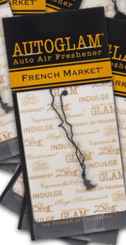 Packaging of Tyler Auto Glam Car Air Freshener with luxurious gold and black design, featuring text and brand branding.