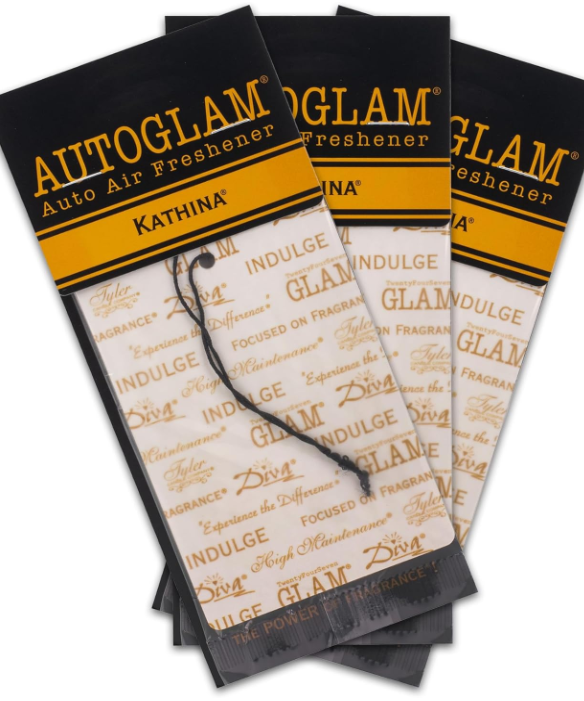 Packaging of Tyler Auto Glam Car Air Freshener with luxurious gold and black design, featuring text and brand branding.