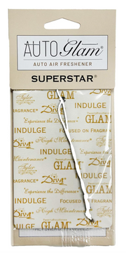 Auto Glam Superstar air freshener packaging on a beige background
