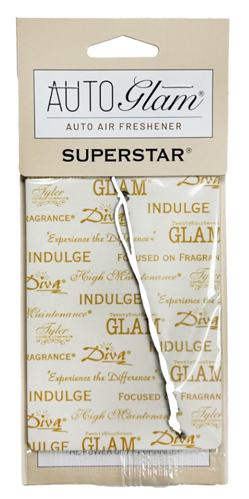 Auto Glam Superstar air freshener packaging on a beige background