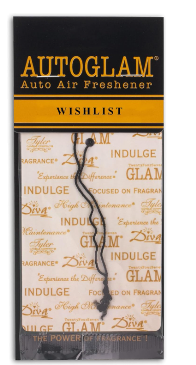 Packaging of Tyler Auto Glam Car Air Freshener with luxurious gold and black design, featuring text and brand branding.