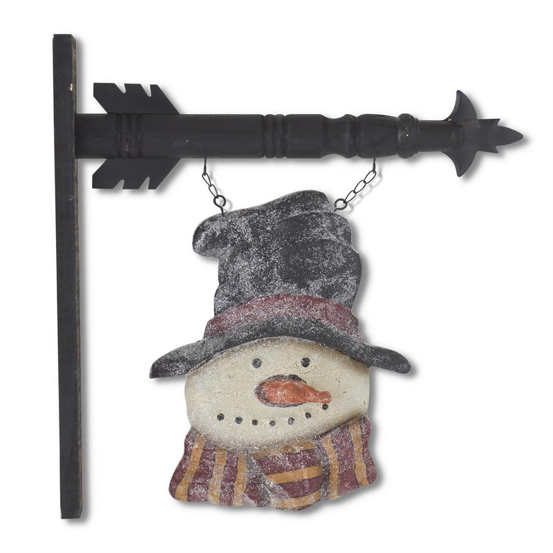 Decorative snowman sign with a black arrow on a white background