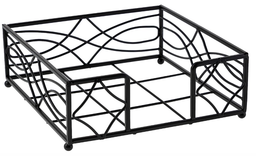 Black metal decorative tray with wavy line design on a white background
