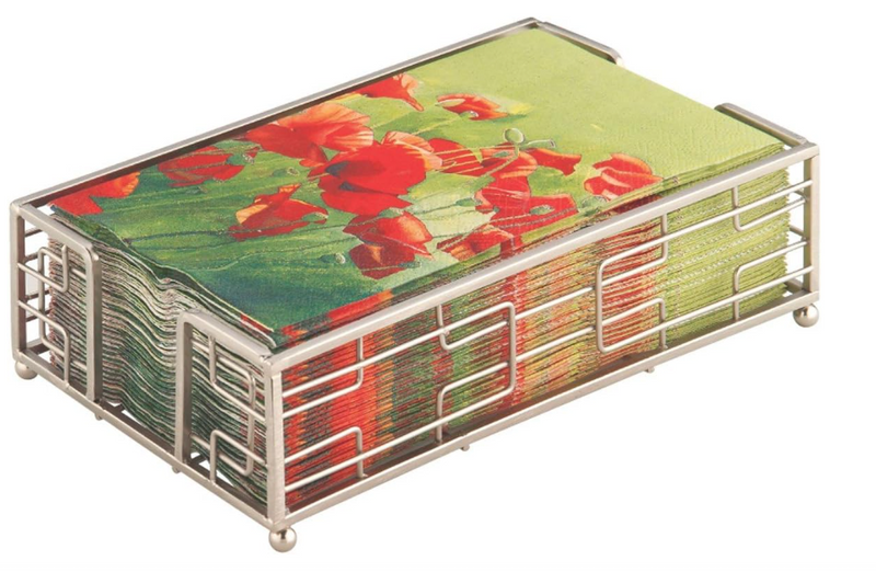 Metal card holder with floral and green designs on cards