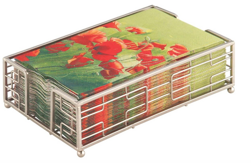 Metal card holder with floral and green designs on cards