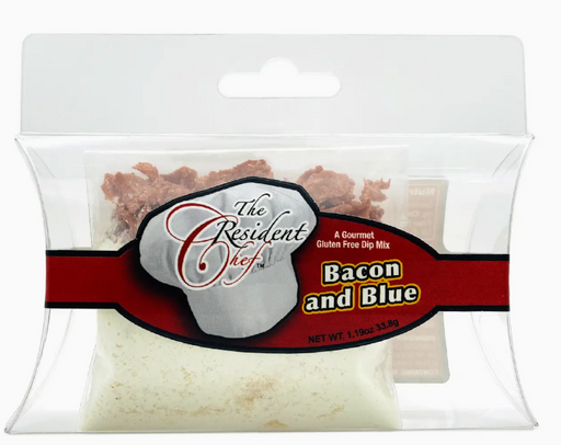Packaged bacon and blue cheese mix with 'The Resident Chef' label on a white background