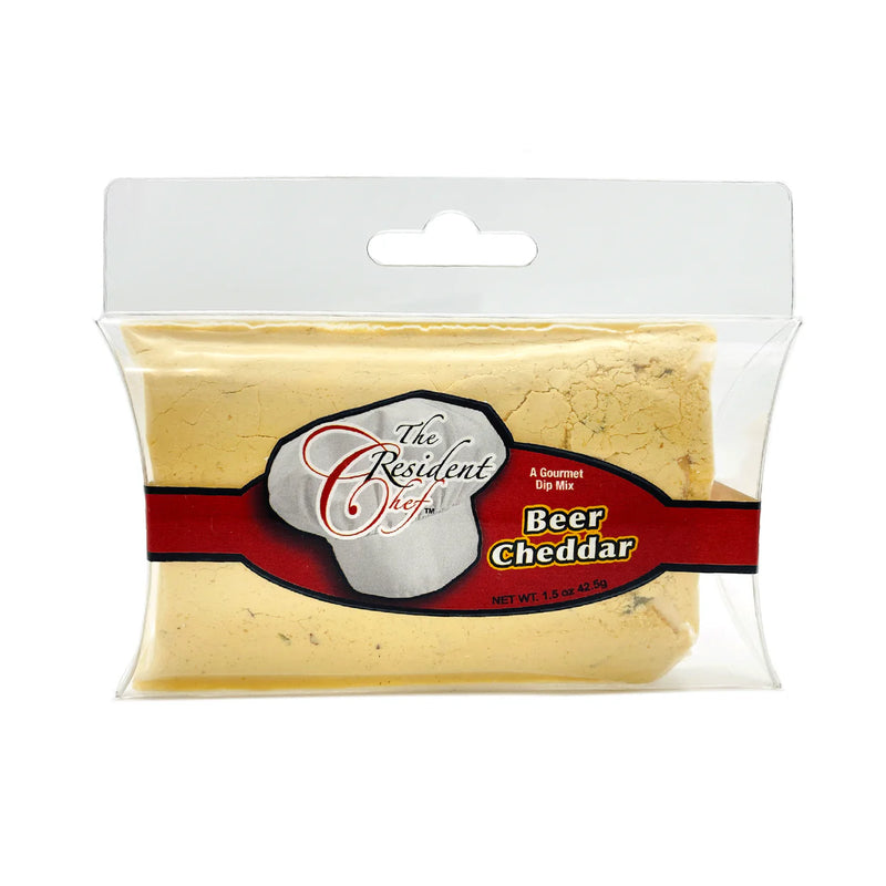 Packaged beer cheddar cheese with 'The President's Chef' label on a white background