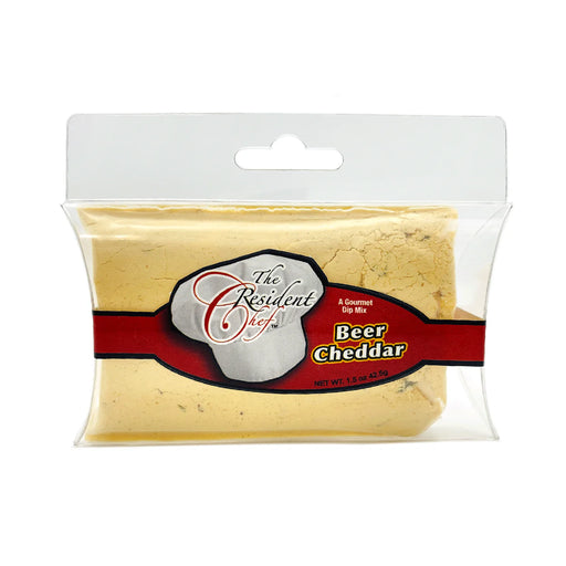 Packaged beer cheddar cheese with 'The President's Chef' label on a white background