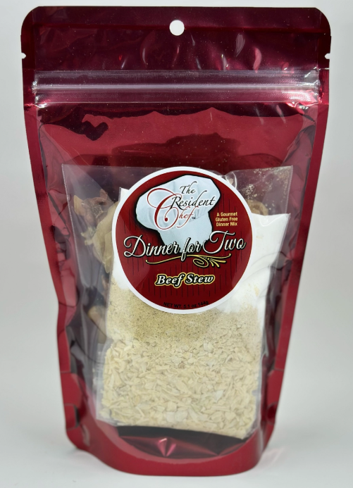 Package of 'Dinner for Two' beef stew mix with a red label on a white background