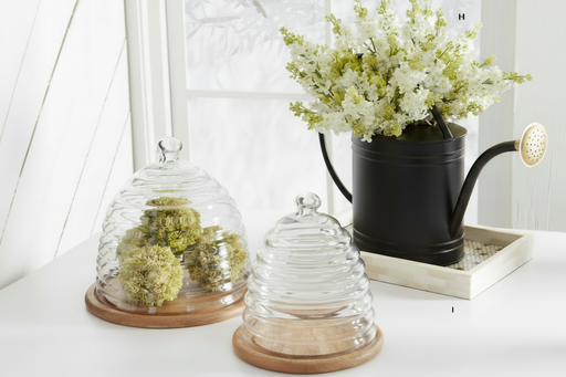 Two glass dome containers with wooden bases on a white surface, with a black watering can and flowers in the background.