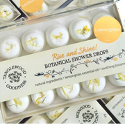 Tanglewood Goodness botanical shower drops with lemongrass essential oil in a clear box.