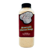 Bottle of Broccoli Cheese Soup mix with a red label on a white background