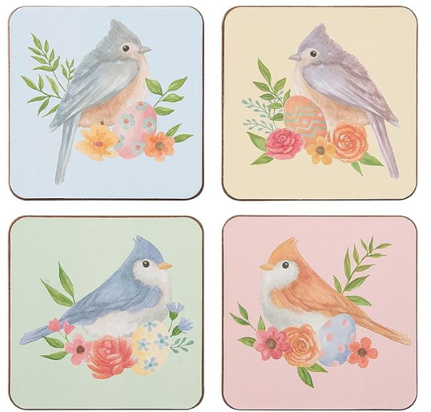 Set of four coasters with bird illustrations and floral designs on pastel backgrounds.