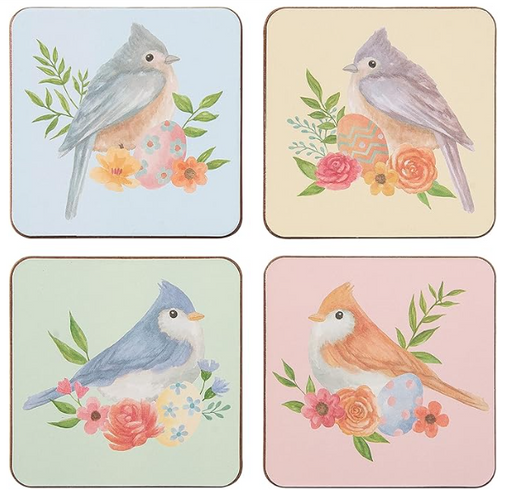 Set of four coasters with bird illustrations and floral designs on pastel backgrounds.