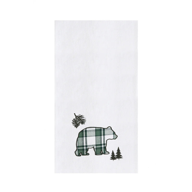 White towel with a plaid bear and pine tree design on a white background
