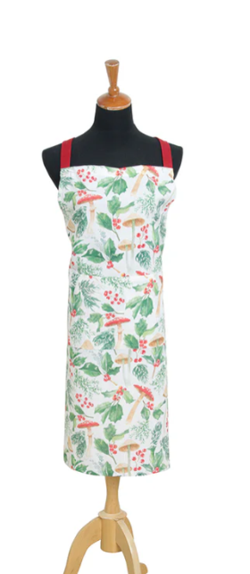 Apron with holly and berry pattern on a mannequin against a white background