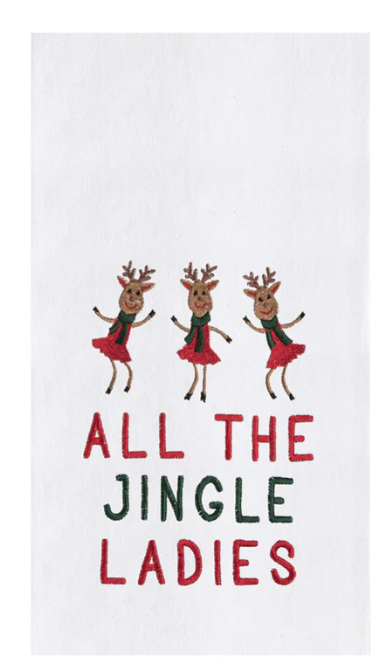 Towel with cartoon reindeer in red dresses and text 'All the Jingle Ladies' on a white background