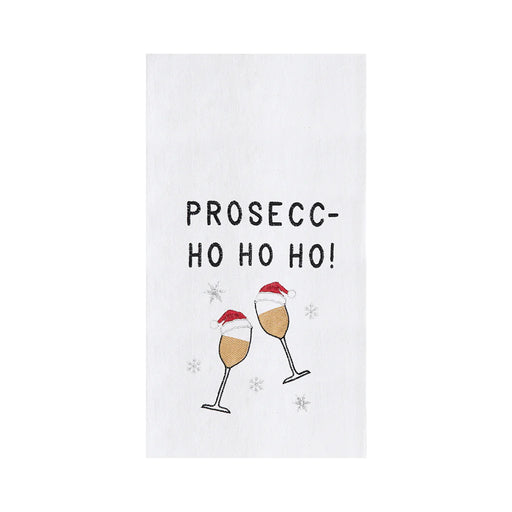 Towel with 'PROSECC-HO HO HO!' text and Christmas-themed illustrations on a white background