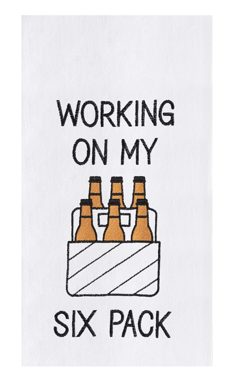 Towel with 'Working on my six pack' text and illustration of beer bottles.
