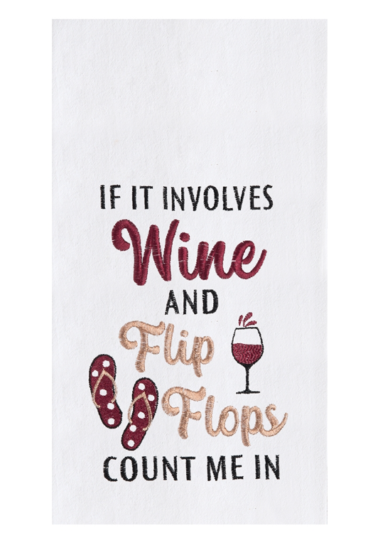White towel with text and wine glass graphic on a white background