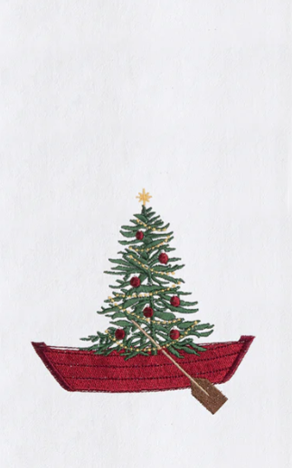 Embroidered design of a Christmas tree in a red boat on a white background
