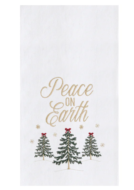 White towel with 'Peace on Earth' text and Christmas tree design.
