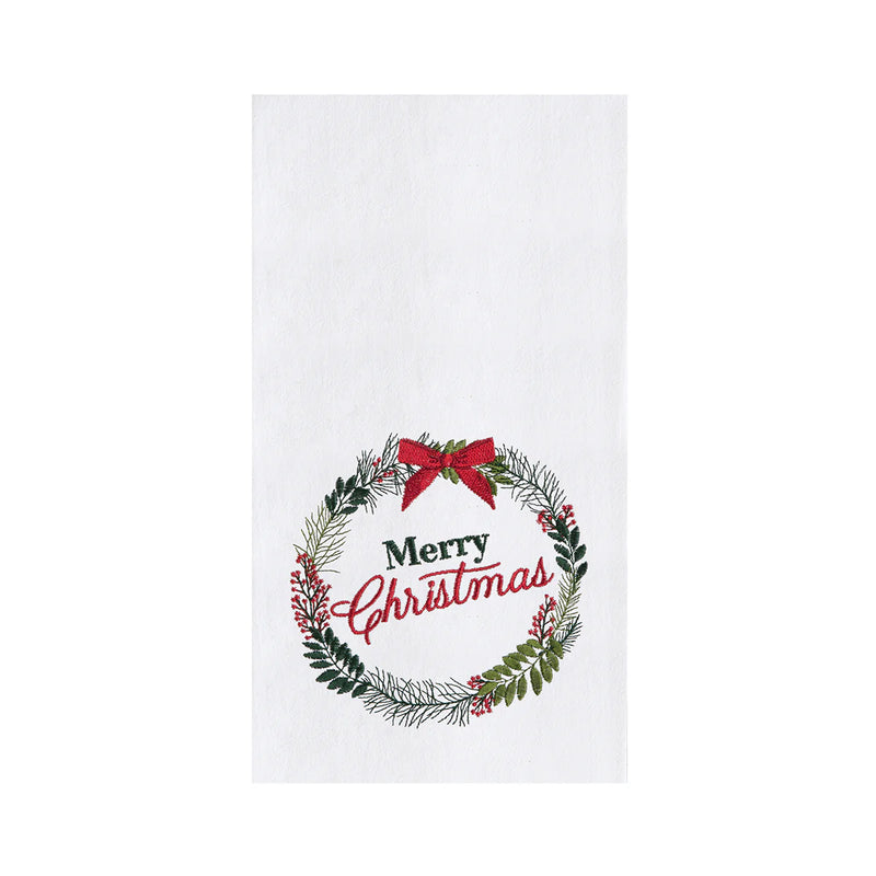 Christmas-themed towel with wreath and bow design on a white background