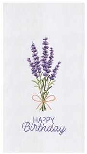 Greeting card with lavender bouquet and 'Happy Birthday' text on a white background