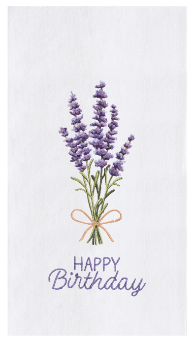 Greeting card with lavender bouquet and 'Happy Birthday' text on a white background