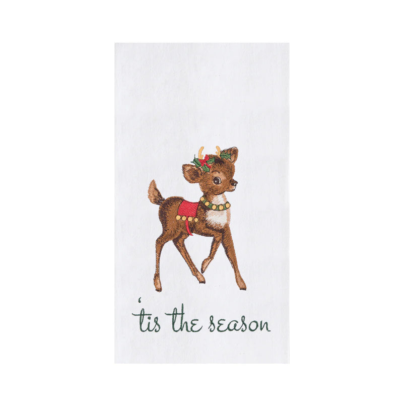 Festive towel with a deer illustration and 'tis the season text on a white background